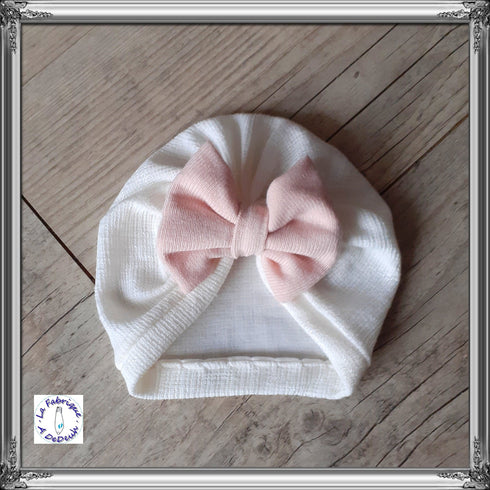 Ensemble prenom brodé Turban blanc nœud rose + moufles + bandeau + chaussons assortis. tissu chaud ou fin au choix